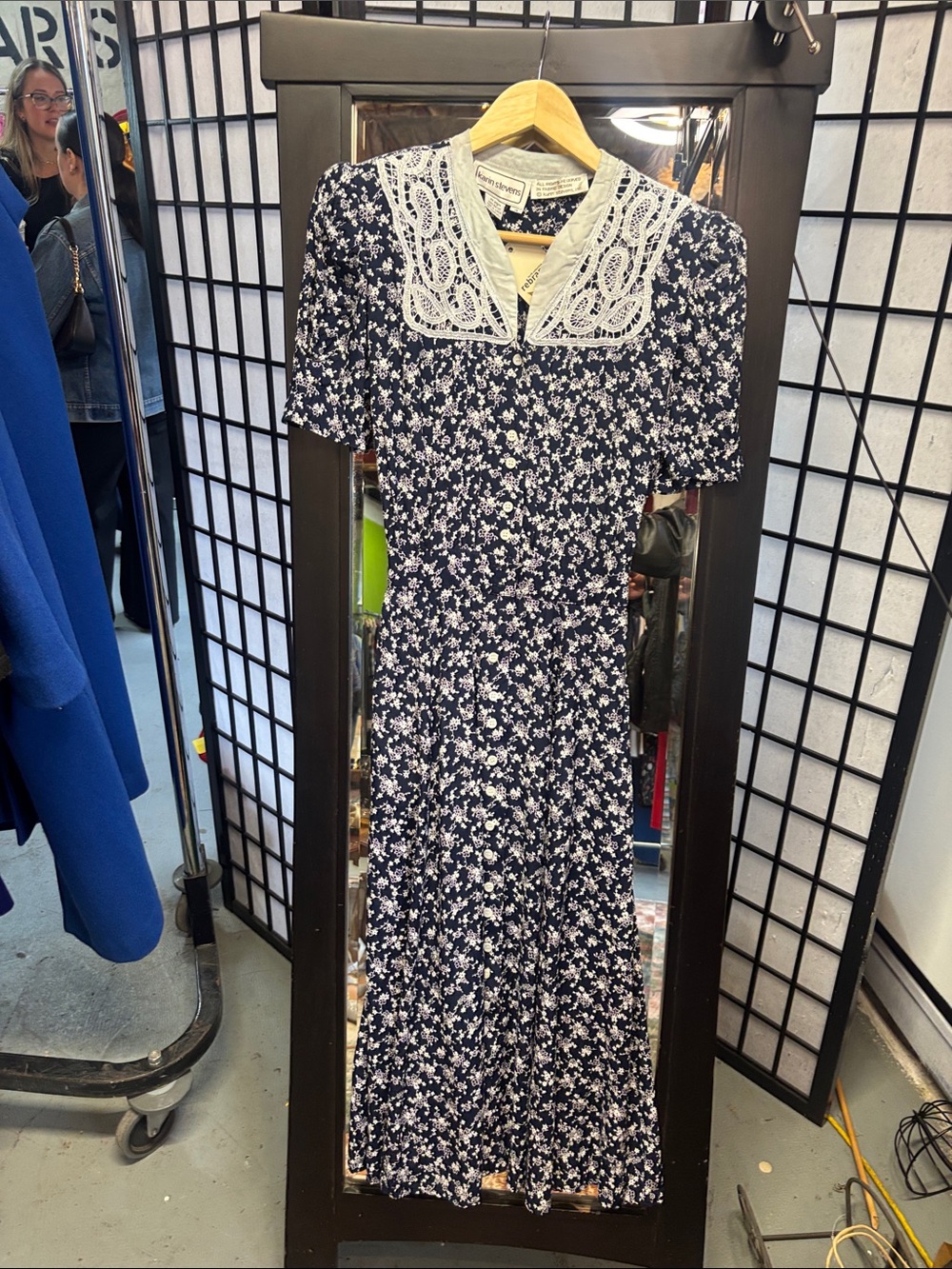 karin stevens vintage Navy Floral Maxi Dress with White Lace Yoke size 4